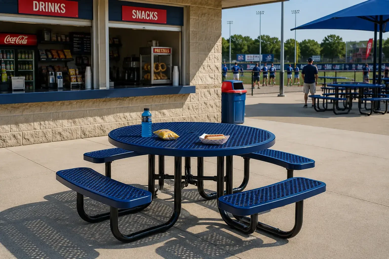 Round blue thermoplastic picnic table near a concession stand at a busy sports complex.